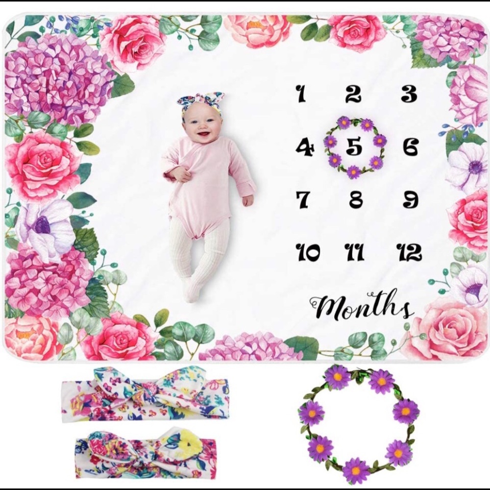 Baby Girl | Monthly Milestone Blanket | Rose Floral Wreath and Headband Included